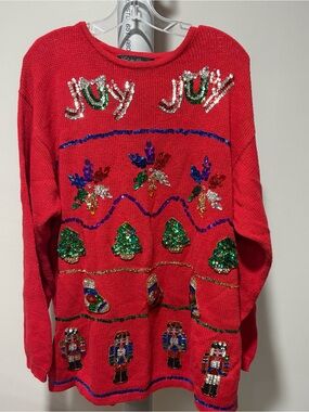 Vtg Work In Progress Ugly Christmas Sweater‎ Red Sequin Tree Nutcracker Holiday